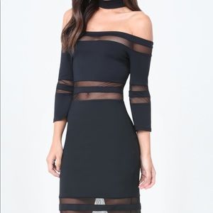 BEBE Off shoulder mesh inset choker dress.